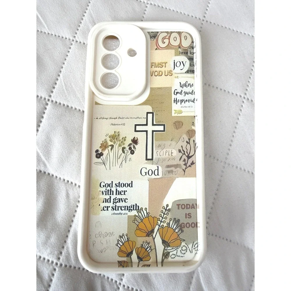 Samsung Galaxy A17 5G Phone Case Christian Cross Bible Verse Floral Cream
